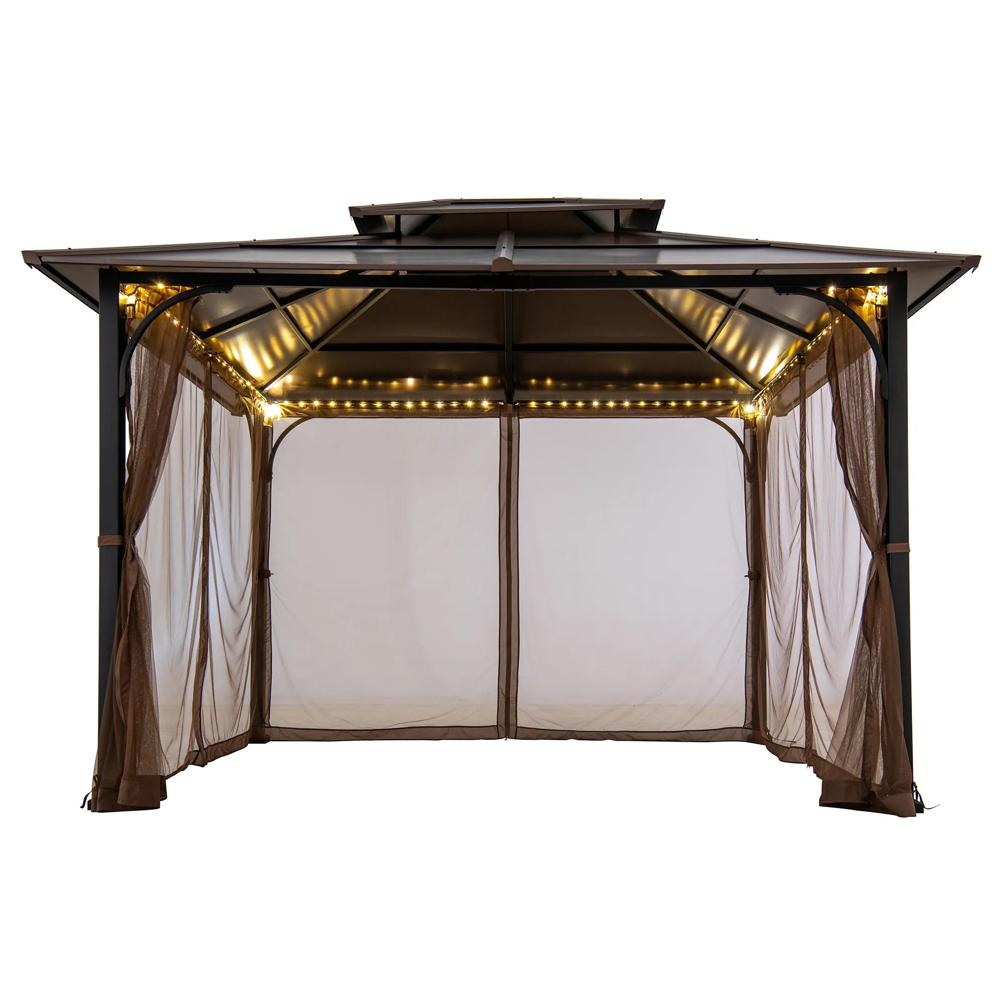 SUNJOY 10x12 Cedar Wood Gazebo with Galvanized Steel Roof, LED String Lights & Mosquito Netting - Brown