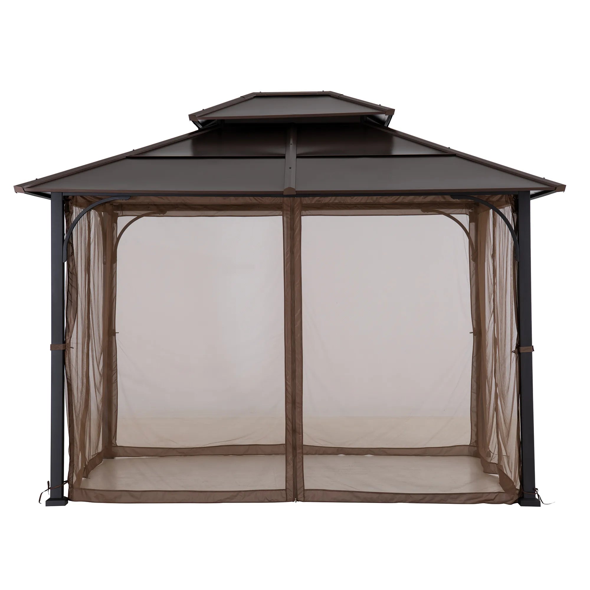 SUNJOY 10x12 Cedar Wood Gazebo with Galvanized Steel Roof, LED String Lights & Mosquito Netting - Brown
