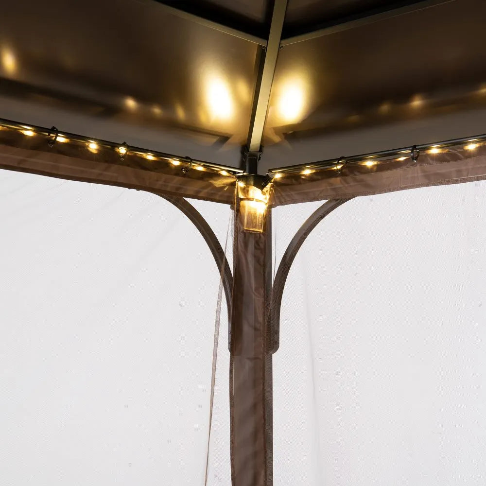SUNJOY 10x12 Cedar Wood Gazebo with Galvanized Steel Roof, LED String Lights & Mosquito Netting - Brown