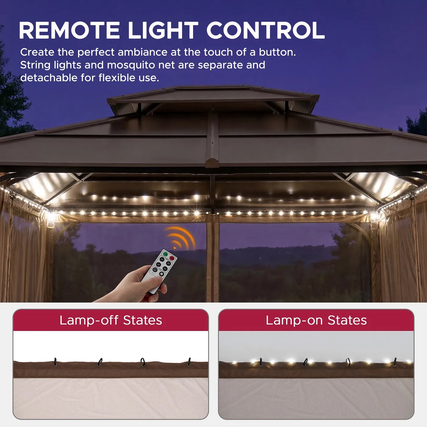 SUNJOY Mosquito Netting for 10x12 Hardtop Gazebo with White LED Lights