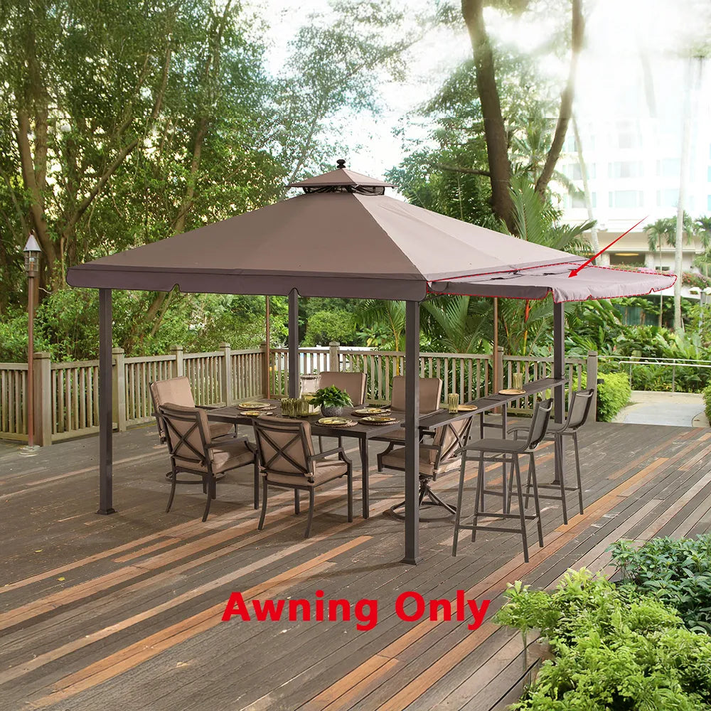A brown patio gazebo with a matching roof awning on a wooden deck, surrounded by dining chairs and a table, with trees in the background. Red text at the bottom reads 'Awning Only'.