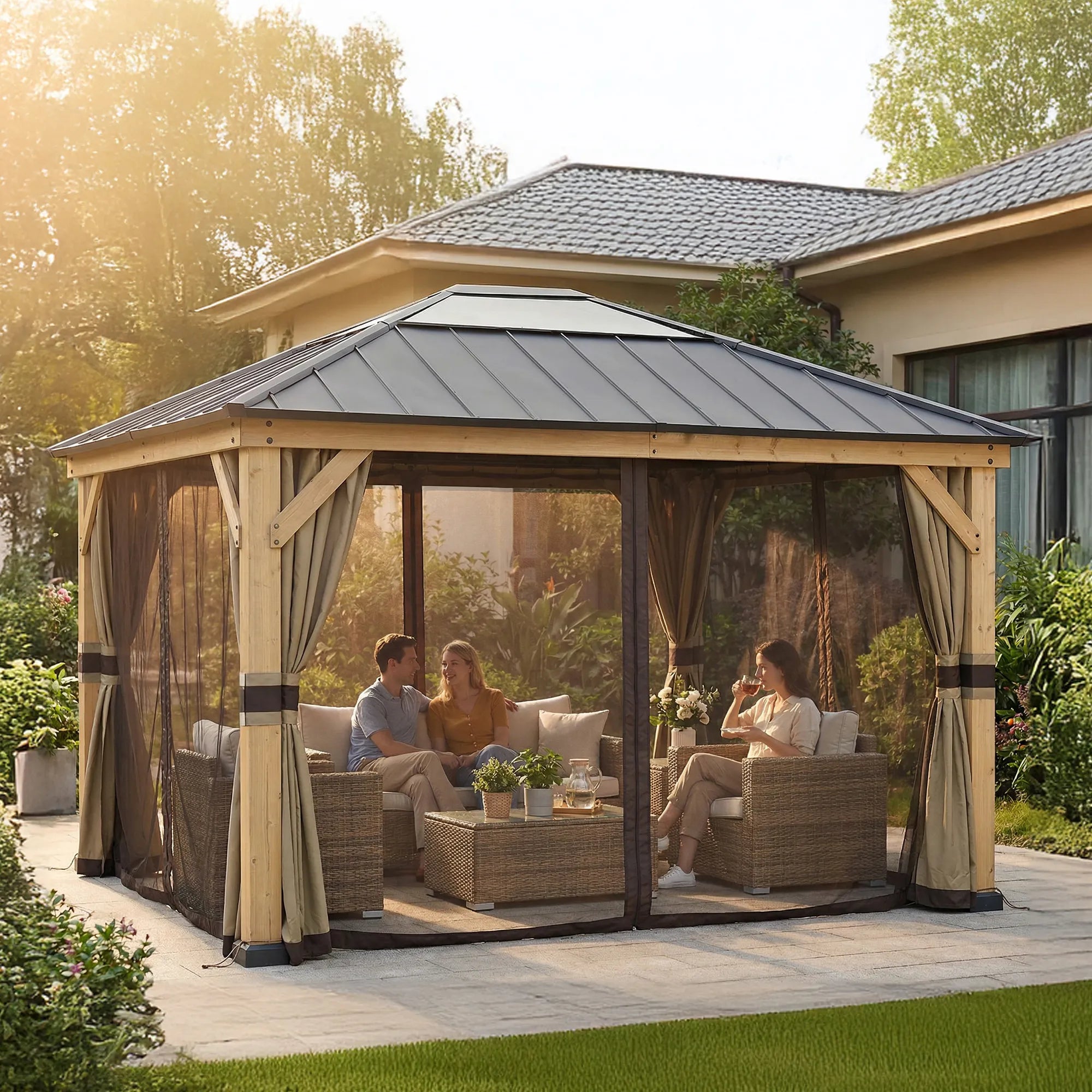 SUNJOY Replacement Curtains and Mosquito Netting for 11 ft. Γ13 ft. Wood-Framed Gazebos