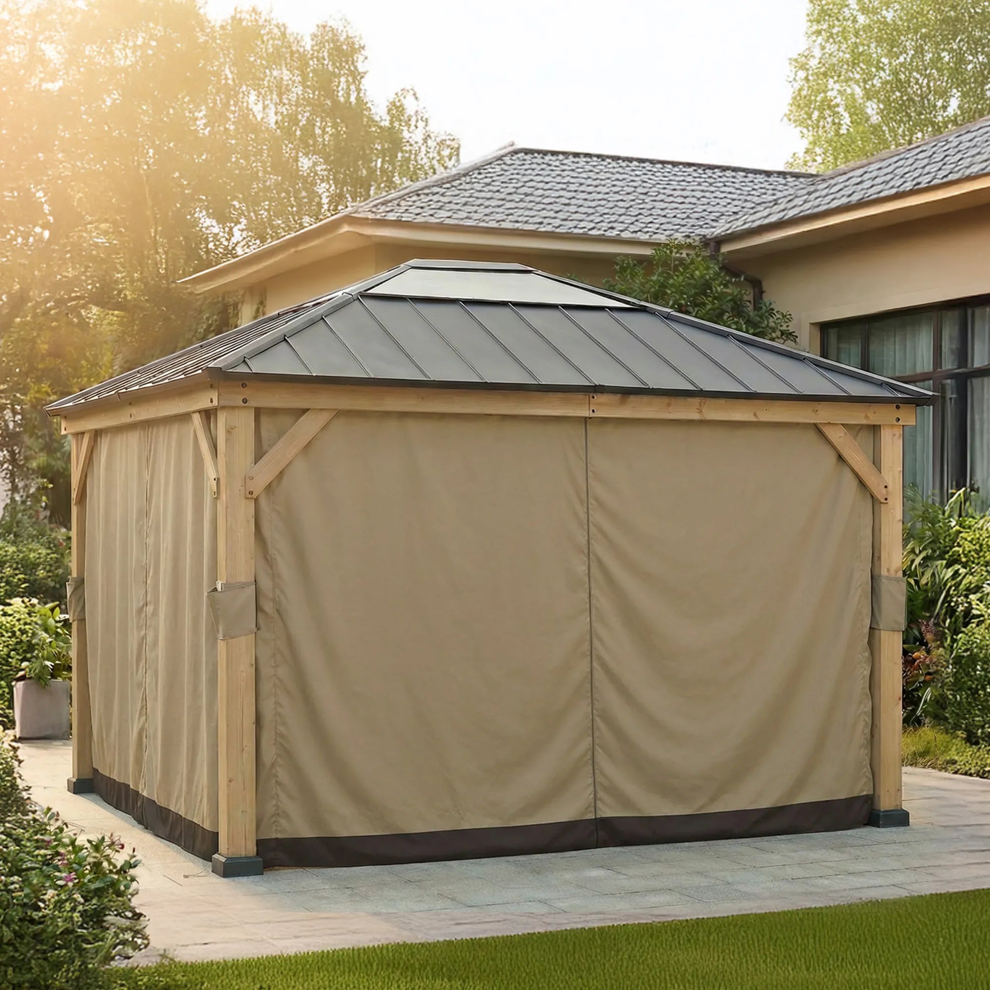 SUNJOY Replacement Curtains and Mosquito Netting for 11 ft. ×13 ft. Wood-Framed Gazebos