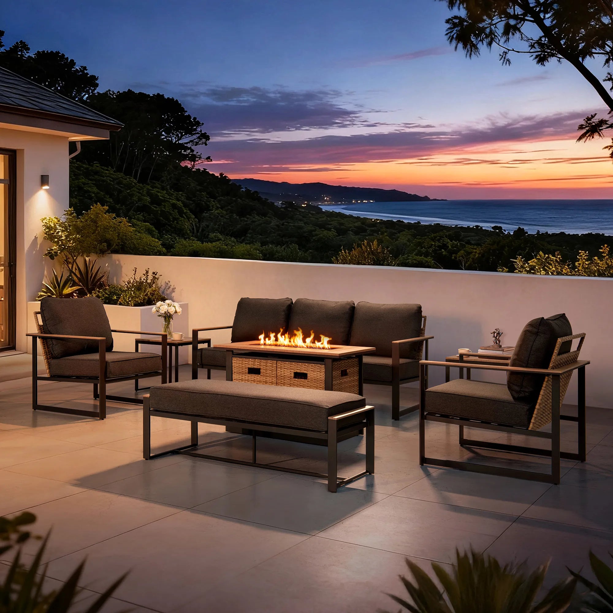 allen + roth Dorsey 7 -Piece Rattan Patio Sofa Conversation Set with Gray Cushions