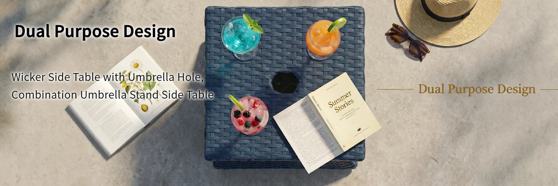 SUNJOY 16 Inch Wicker & Aluminum Small Patio Umbrella Table - Navy