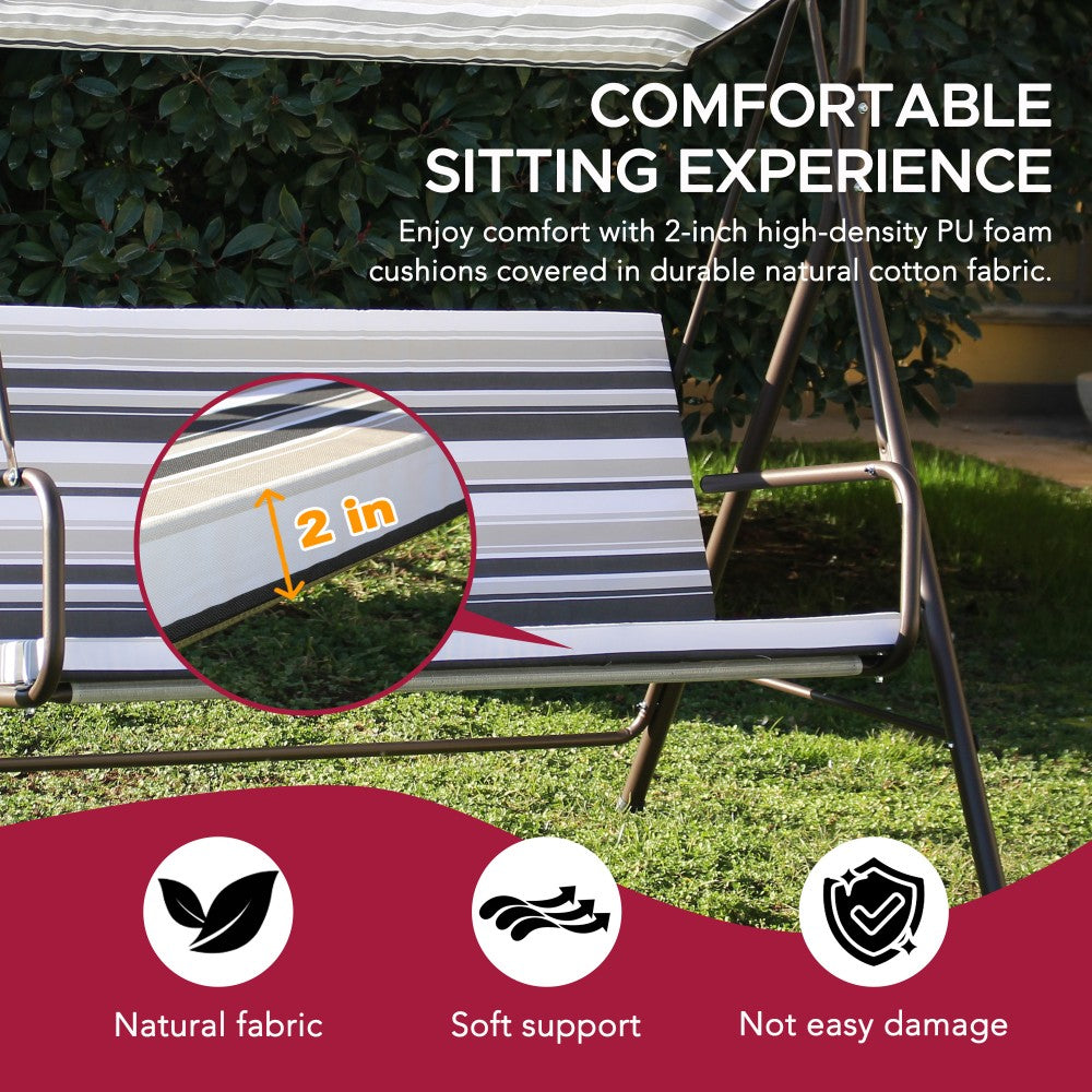 SUNJOY 2-Seat Outdoor Porch Swing with Adjustable Canopy and Removable Cushion - Stripe