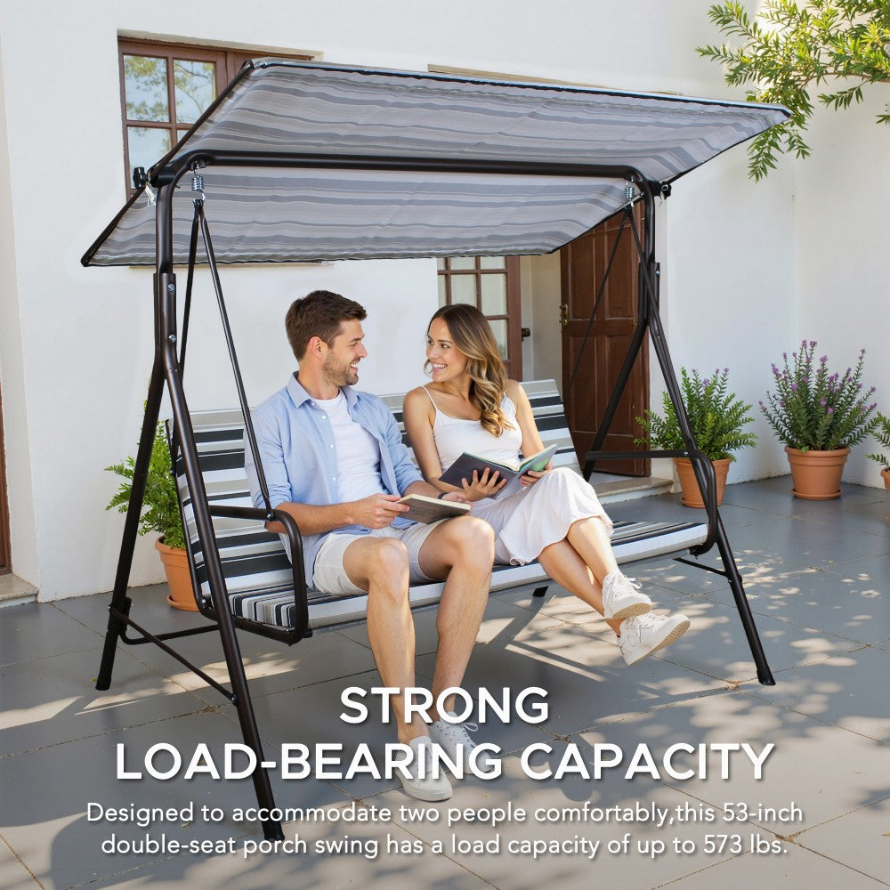 SUNJOY 2-Seat Outdoor Porch Swing with Adjustable Canopy and Removable Cushion - Stripe