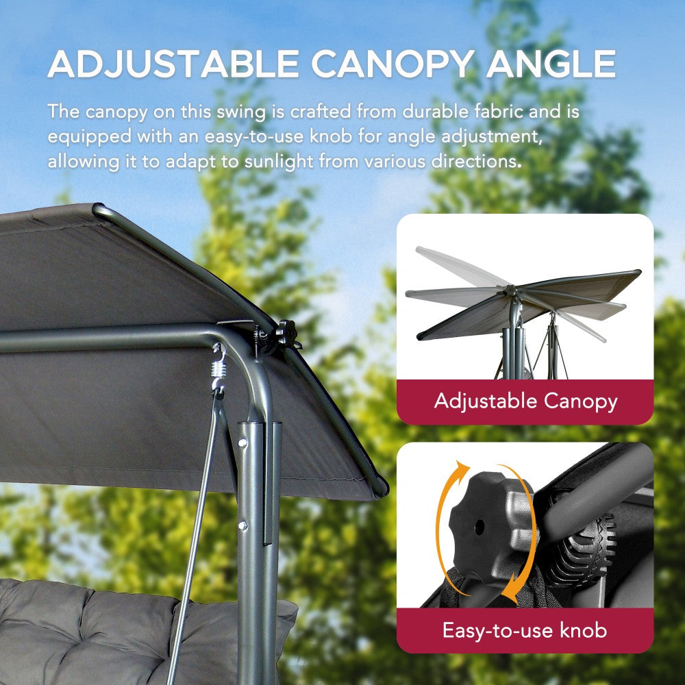 SUNJOY 3-Seat Outdoor Patio Swing with Adjustable Canopy and Removable Cushion - Gray