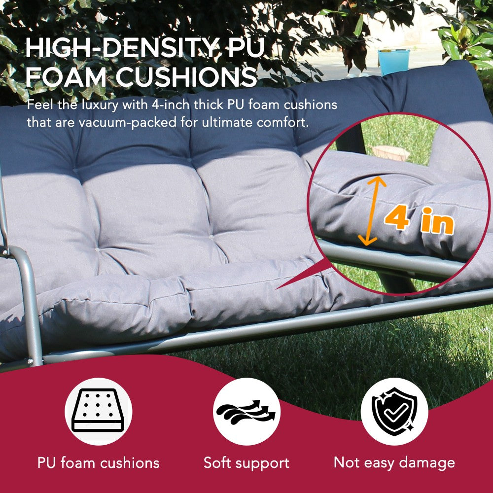 SUNJOY 3-Seat Outdoor Patio Swing with Adjustable Canopy and Removable Cushion - Gray