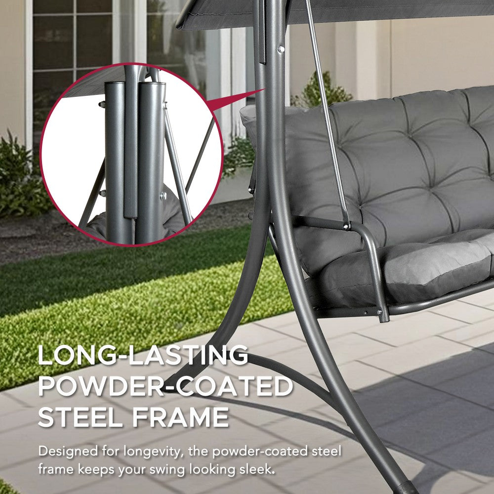 SUNJOY 3-Seat Outdoor Patio Swing with Adjustable Canopy and Removable Cushion - Gray