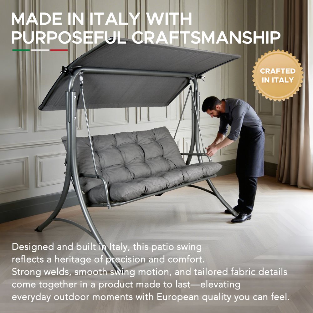 SUNJOY 3-Seat Italian-Made Patio Swing Chair with Adjustable Canopy and 4" Cushions – Gray