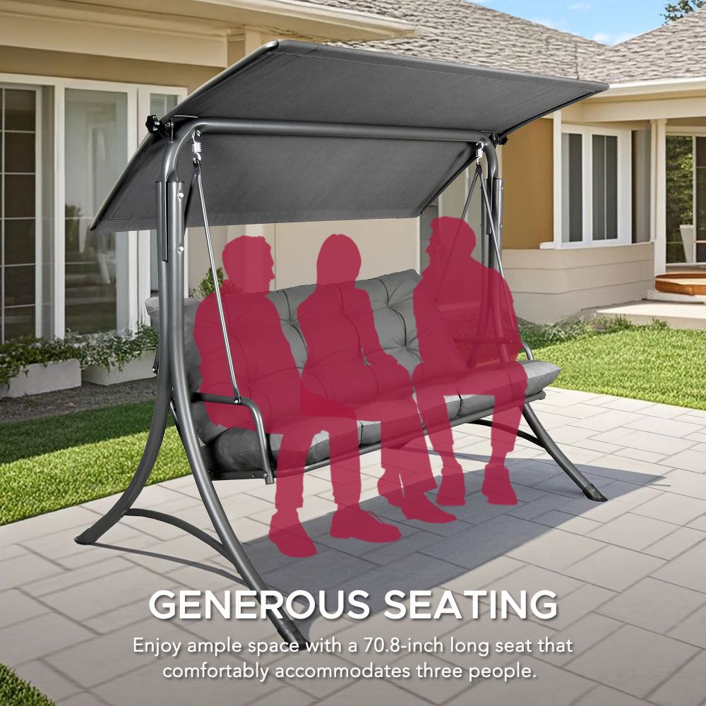 SUNJOY 3-Seat Outdoor Patio Swing with Adjustable Canopy and Removable Cushion - Gray