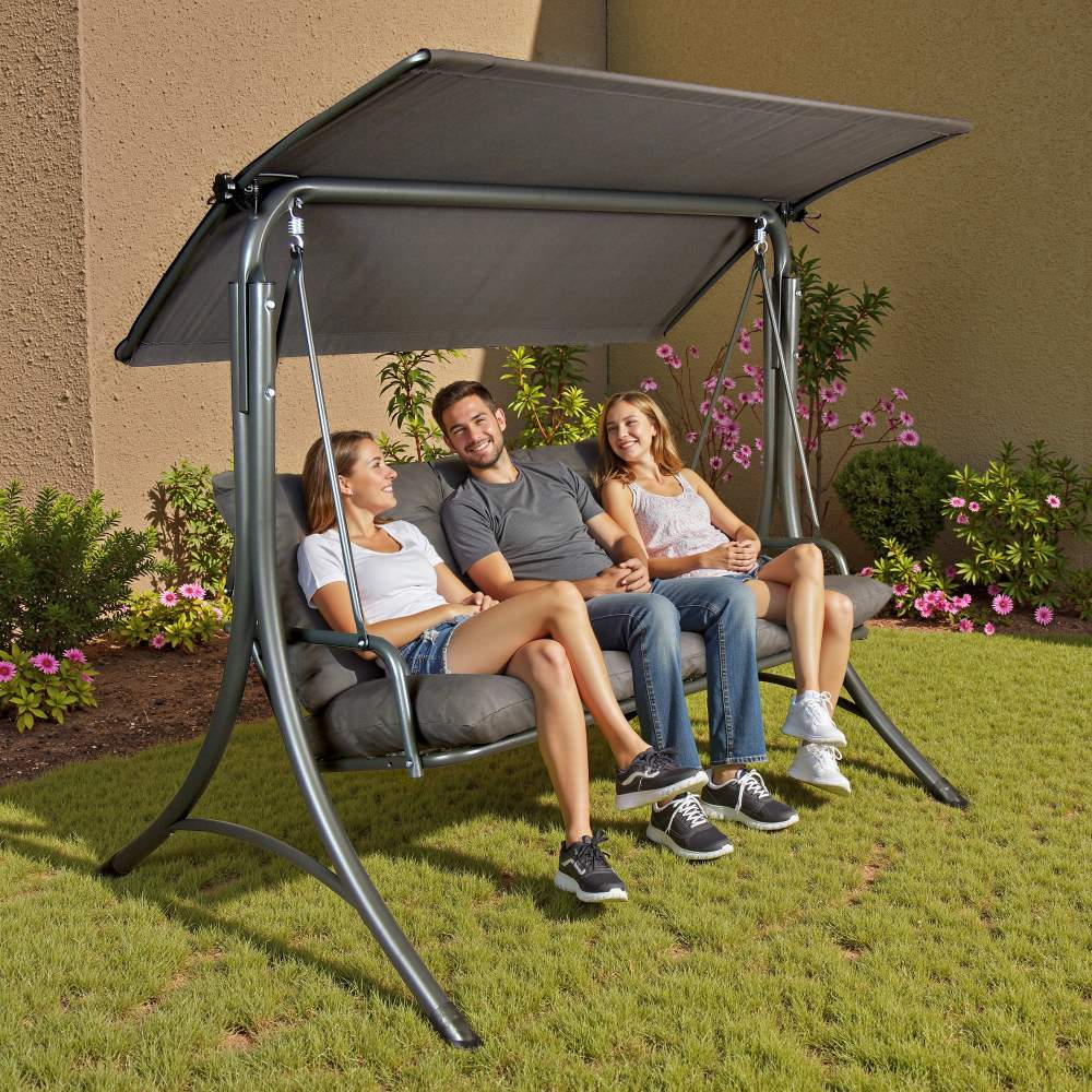 SUNJOY 3-Seat Outdoor Patio Swing with Adjustable Canopy and Cushion - Gray