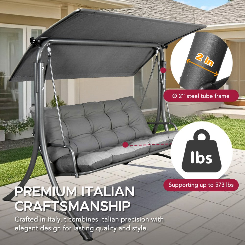 SUNJOY 3-Seat Outdoor Patio Swing with Adjustable Canopy and Removable Cushion - Gray