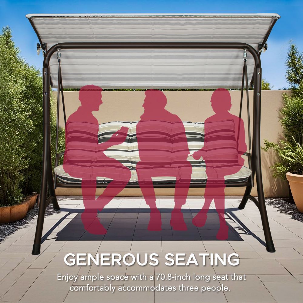 SUNJOY 3-Seat Outdoor Patio Swing with Adjustable Canopy and Cushion - Stripe