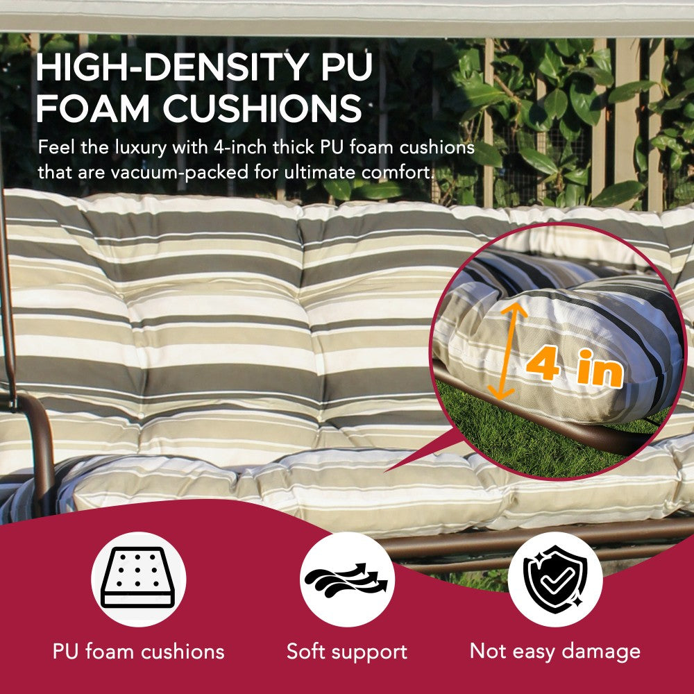 SUNJOY 3-Seat Outdoor Patio Swing with Adjustable Canopy and Cushion - Stripe