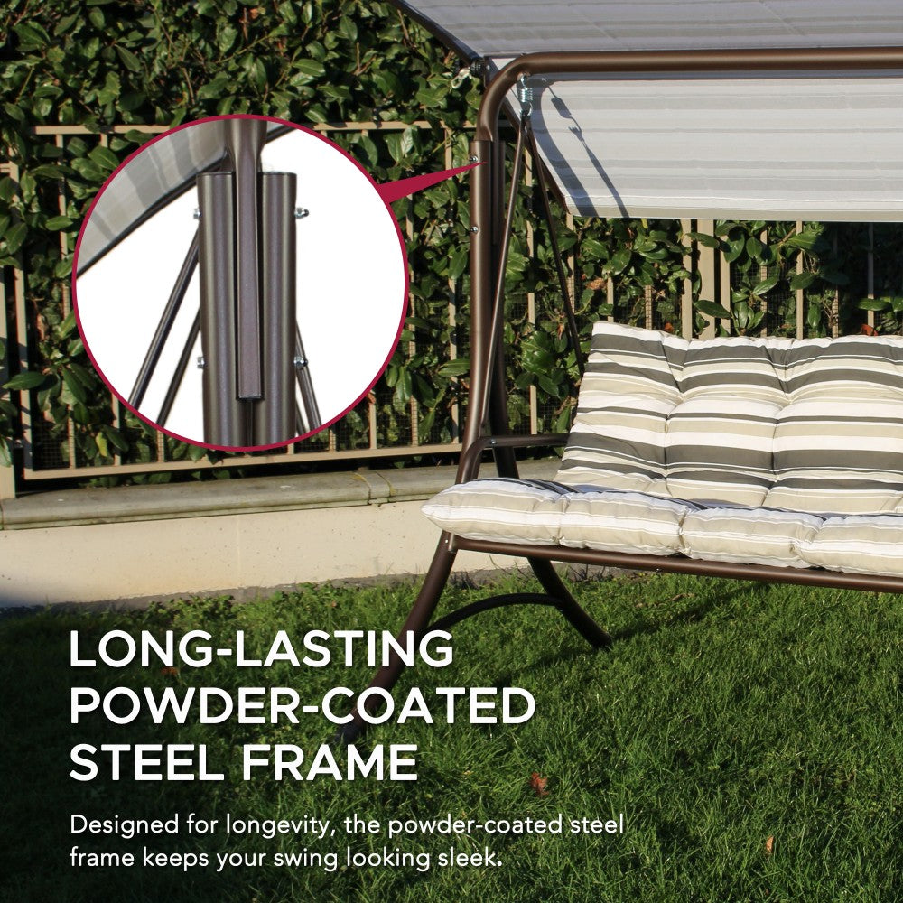 SUNJOY 3-Seat Outdoor Patio Swing with Adjustable Canopy and Cushion - Stripe