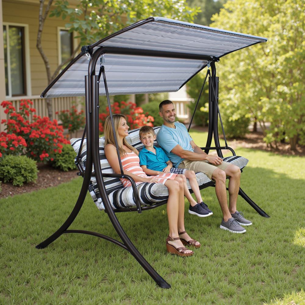 SUNJOY 3-Seat Outdoor Patio Swing with Adjustable Canopy and Cushion - Stripe