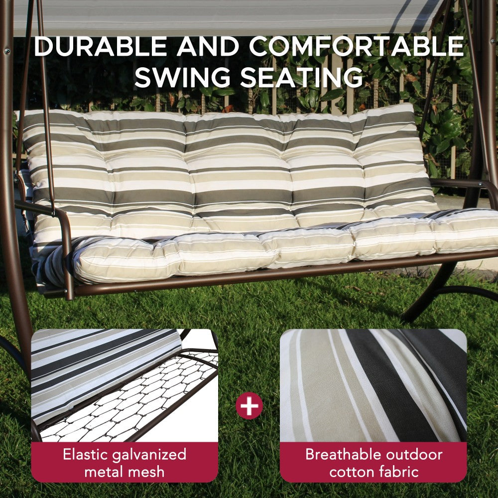 SUNJOY 3-Seat Outdoor Patio Swing with Adjustable Canopy and Cushion - Stripe