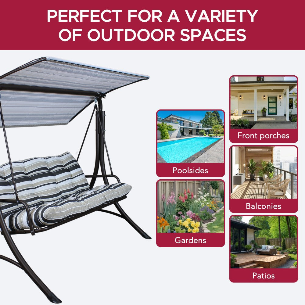 SUNJOY 3-Seat Outdoor Patio Swing with Adjustable Canopy and Cushion - Stripe