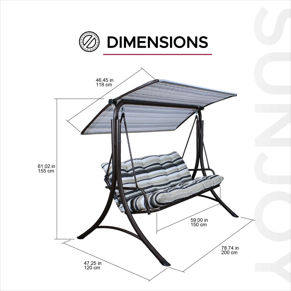 SUNJOY 3-Seat Outdoor Patio Swing with Adjustable Canopy and Cushion - Stripe
