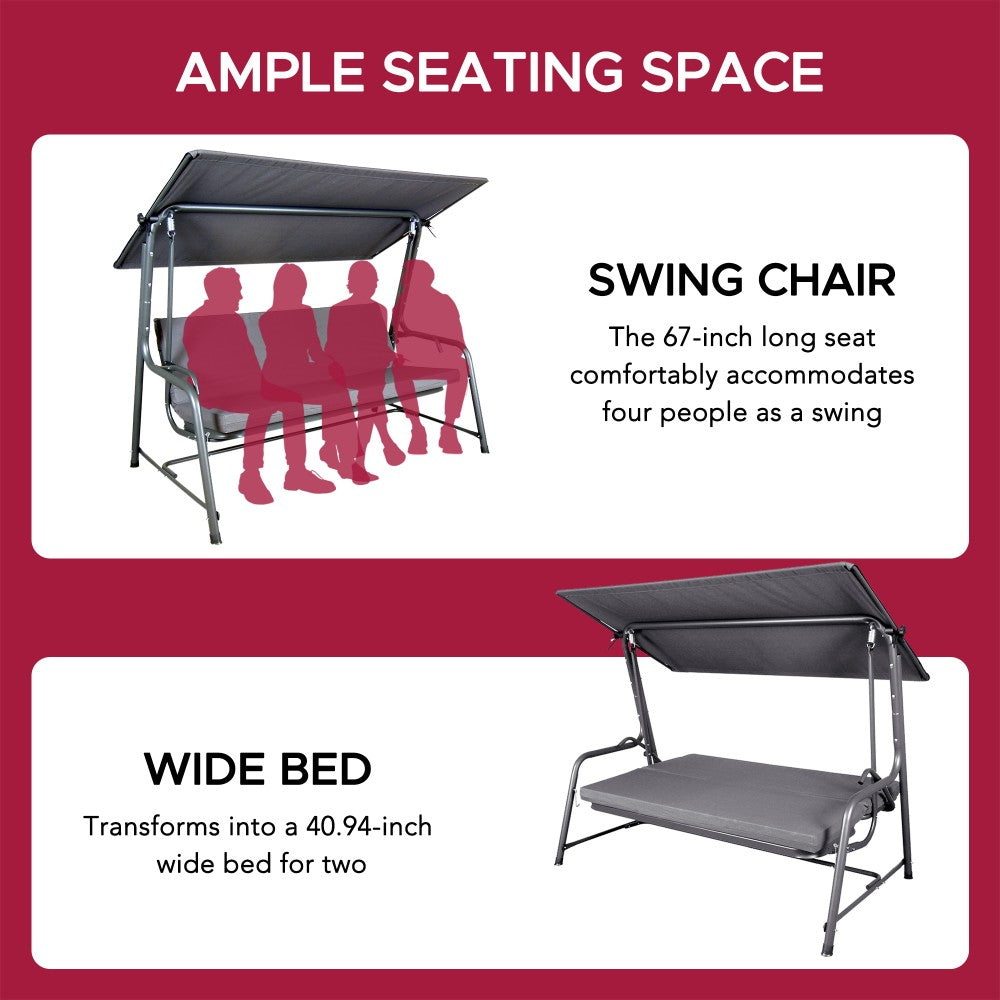 SUNJOY 4-Seat Outdoor Porch Swing and Bed with Adjustable Canopy and Cushion - Gray