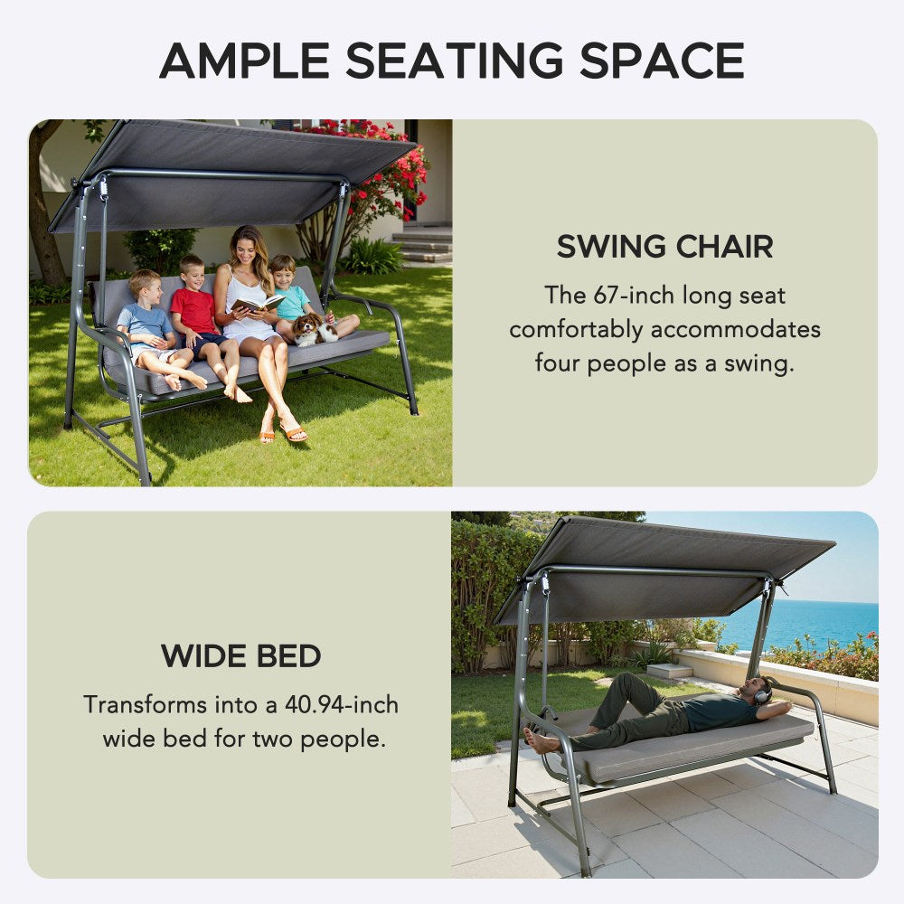 SUNJOY 4-Seat Outdoor Porch Swing and Bed with Adjustable Canopy and Cushion - Gray