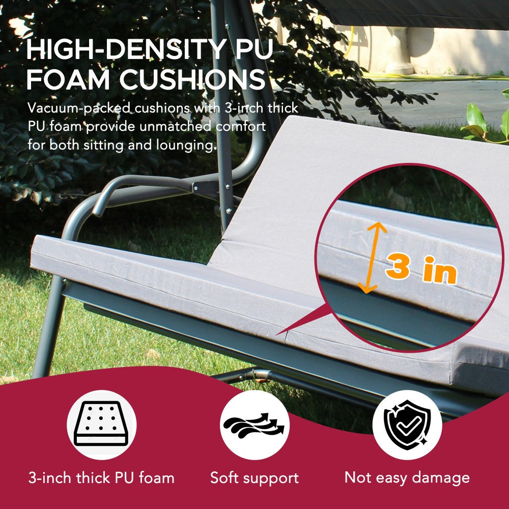 SUNJOY 4-Seat Outdoor Porch Swing and Bed with Adjustable Canopy and Cushion - Gray