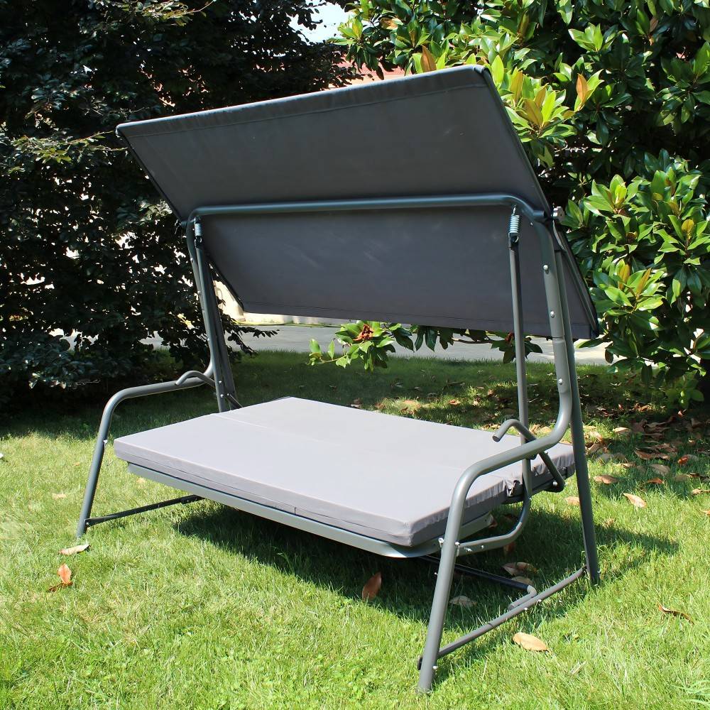 SUNJOY 4-Seat Outdoor Porch Swing and Bed with Adjustable Canopy and Cushion - Gray