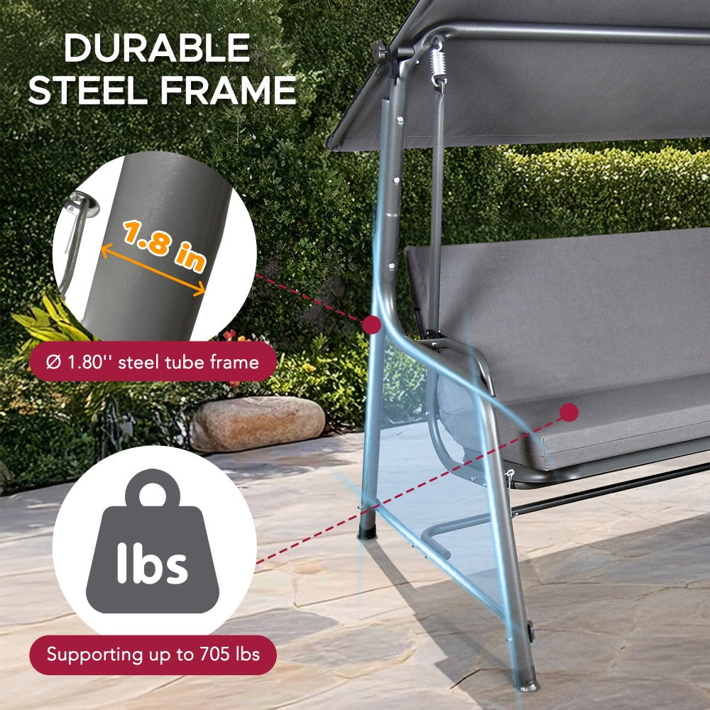 SUNJOY 4-Seat Outdoor Porch Swing and Bed with Adjustable Canopy and Cushion - Gray