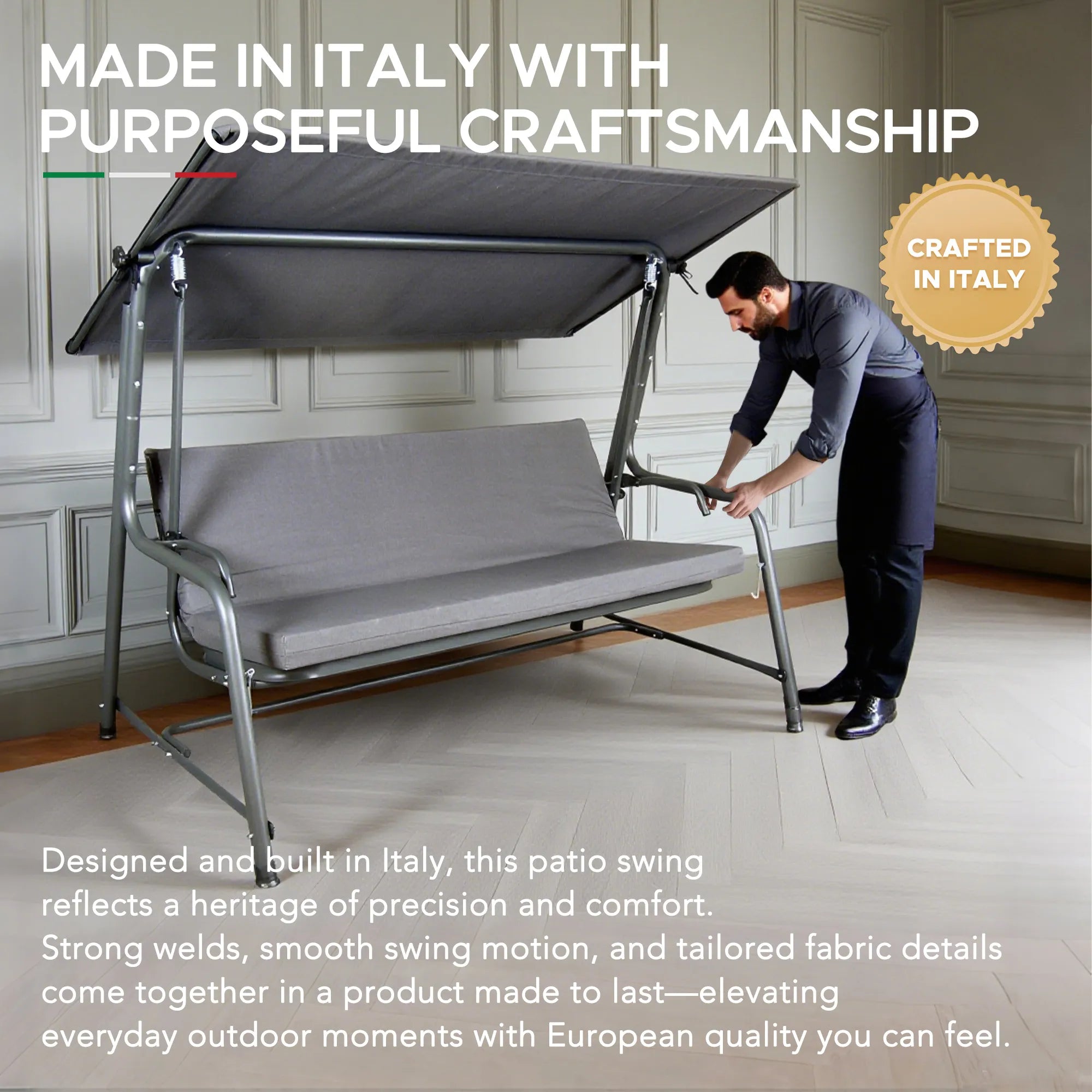 SUNJOY 3-Seat Italian-Made Patio Swing Chair with Adjustable Canopy and 4" Cushions – Gray