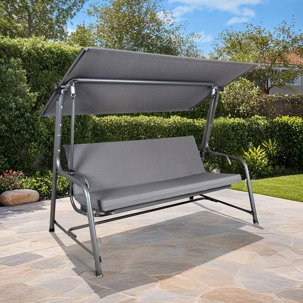 SUNJOY 4-Seat Outdoor Porch Swing and Bed with Adjustable Canopy and Cushion - Gray
