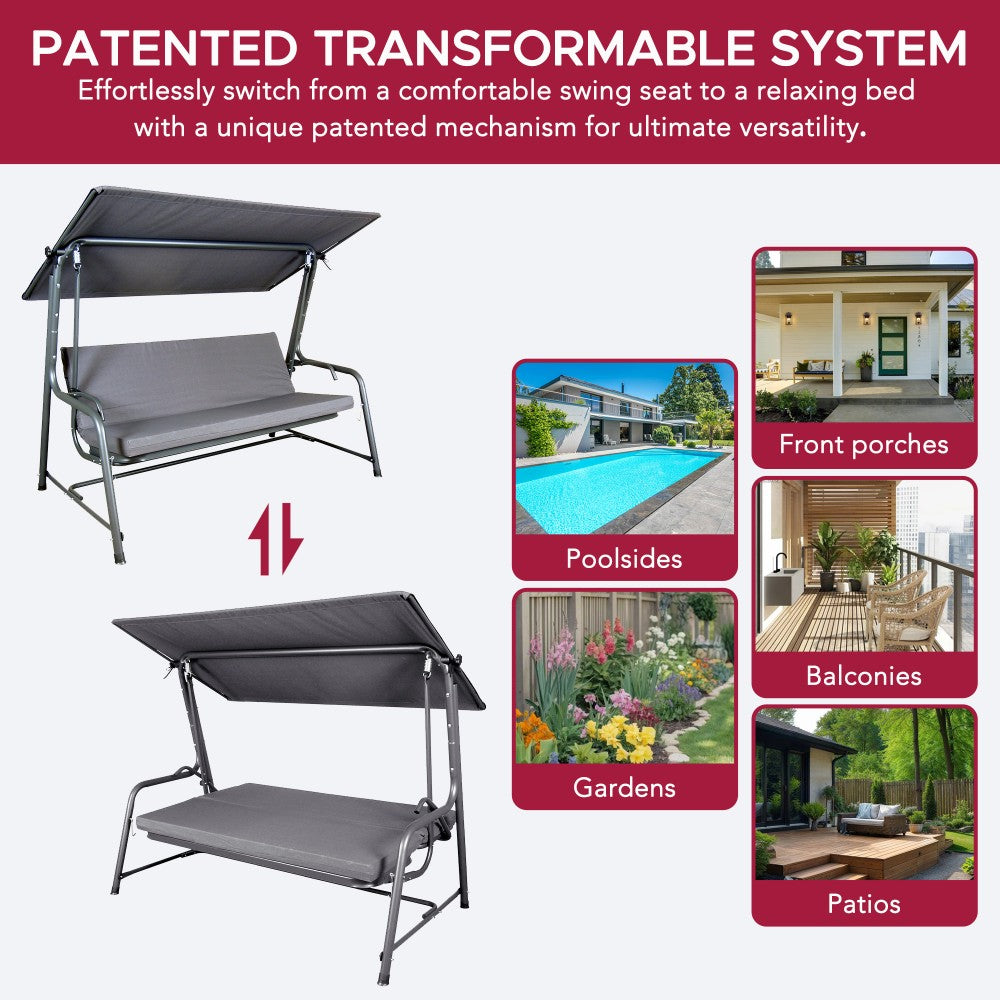 SUNJOY 4-Seat Outdoor Porch Swing and Bed with Adjustable Canopy and Cushion - Gray