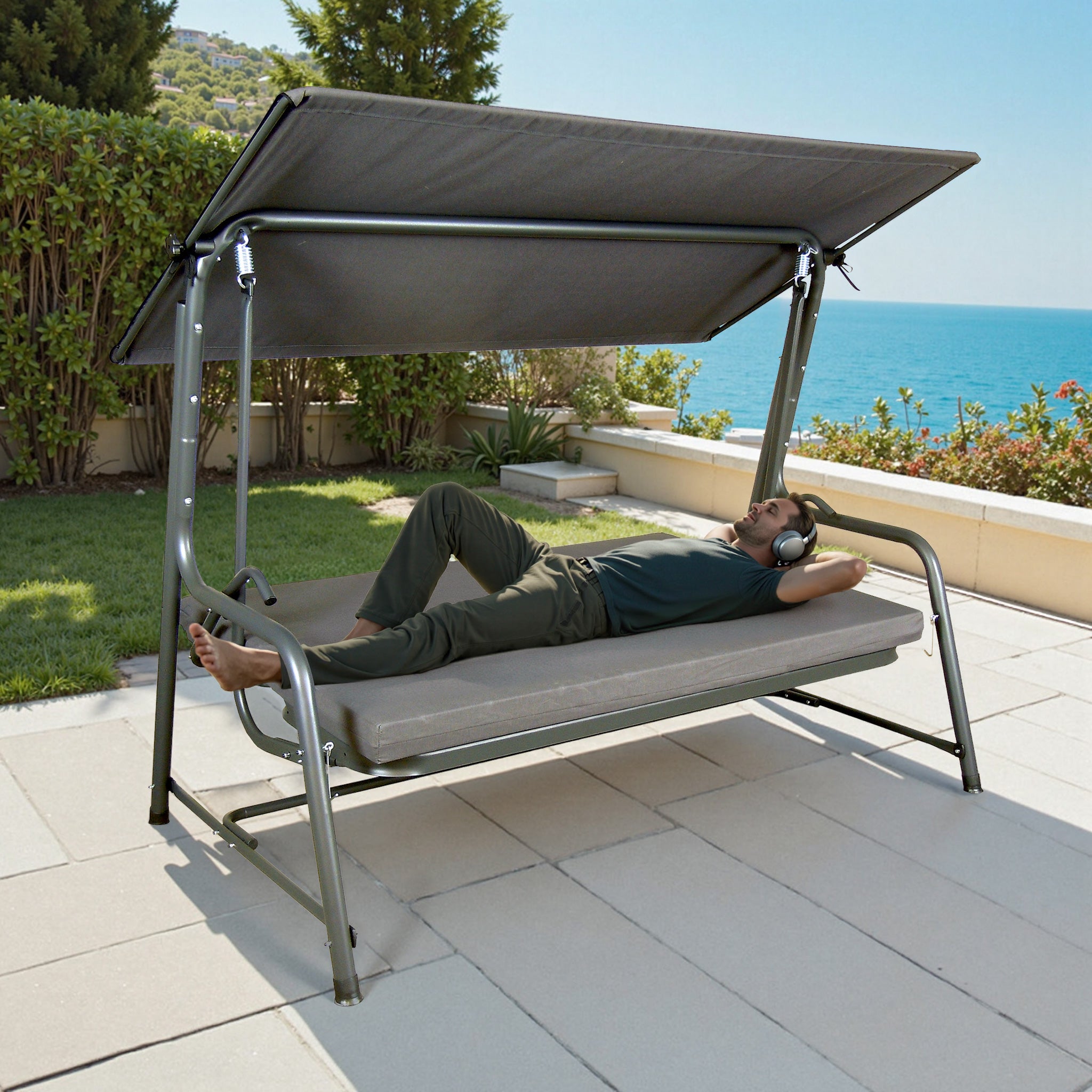 SUNJOY 4-Seat Outdoor Porch Swing and Bed with Adjustable Canopy and Cushion - Gray