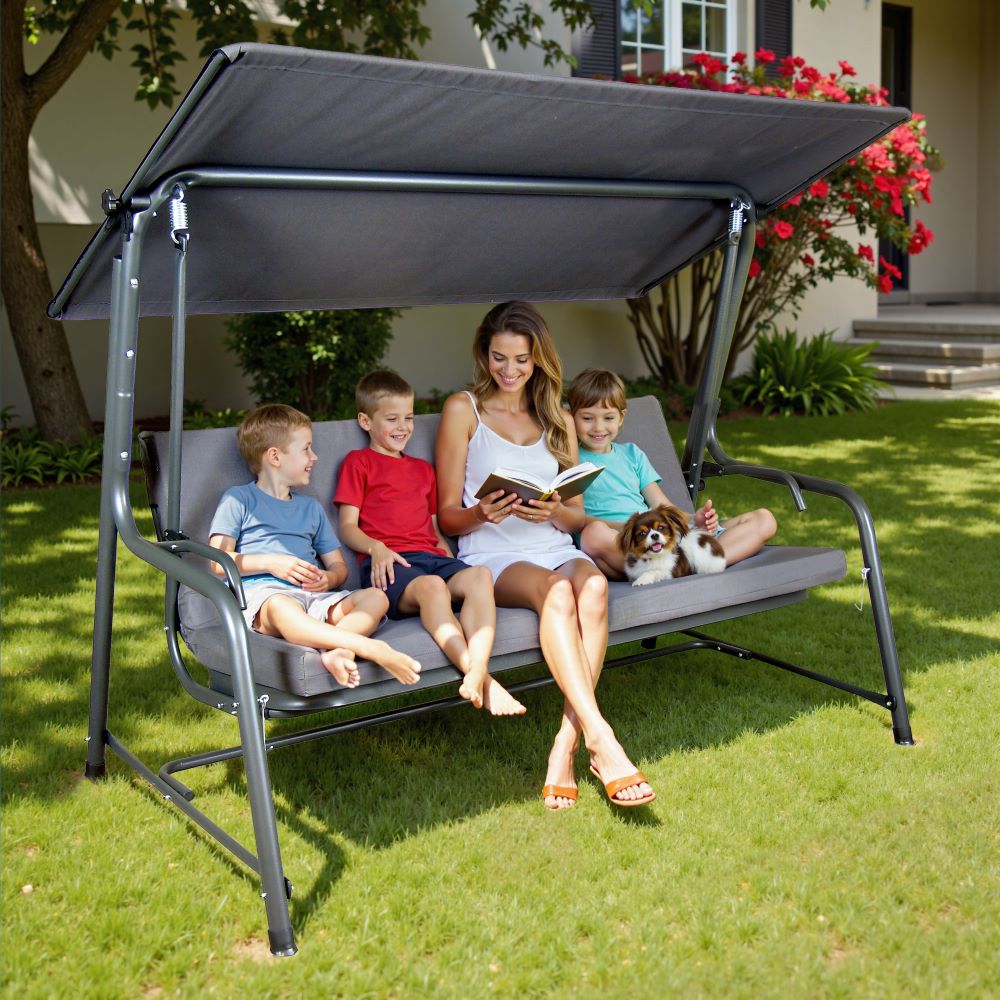 SUNJOY 4-Seat Outdoor Porch Swing and Bed with Adjustable Canopy and Cushion - Gray