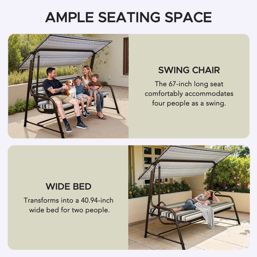 SUNJOY 4-Seat Outdoor Porch Swing and Bed with Adjustable Canopy and Cushion - Stripe
