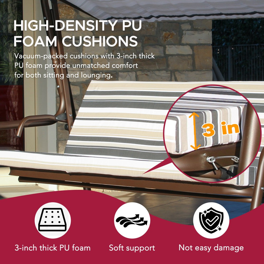 SUNJOY 4-Seat Outdoor Porch Swing and Bed with Adjustable Canopy and Cushion - Stripe