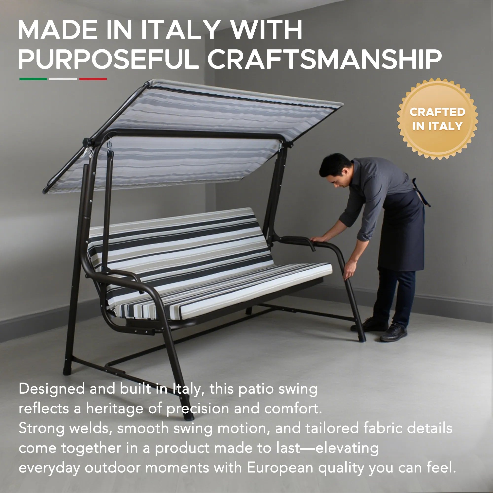 SUNJOY 4-Seat Italian-Made Patio Swing Chair / Bed with Adjustable Canopy and Cushions – Stripe