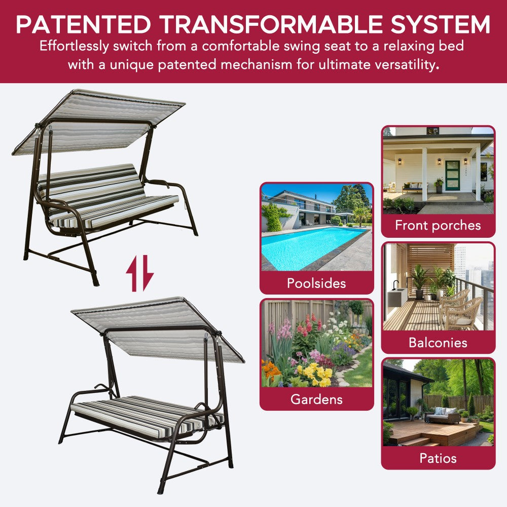 SUNJOY 4-Seat Outdoor Porch Swing and Bed with Adjustable Canopy and Cushion - Stripe