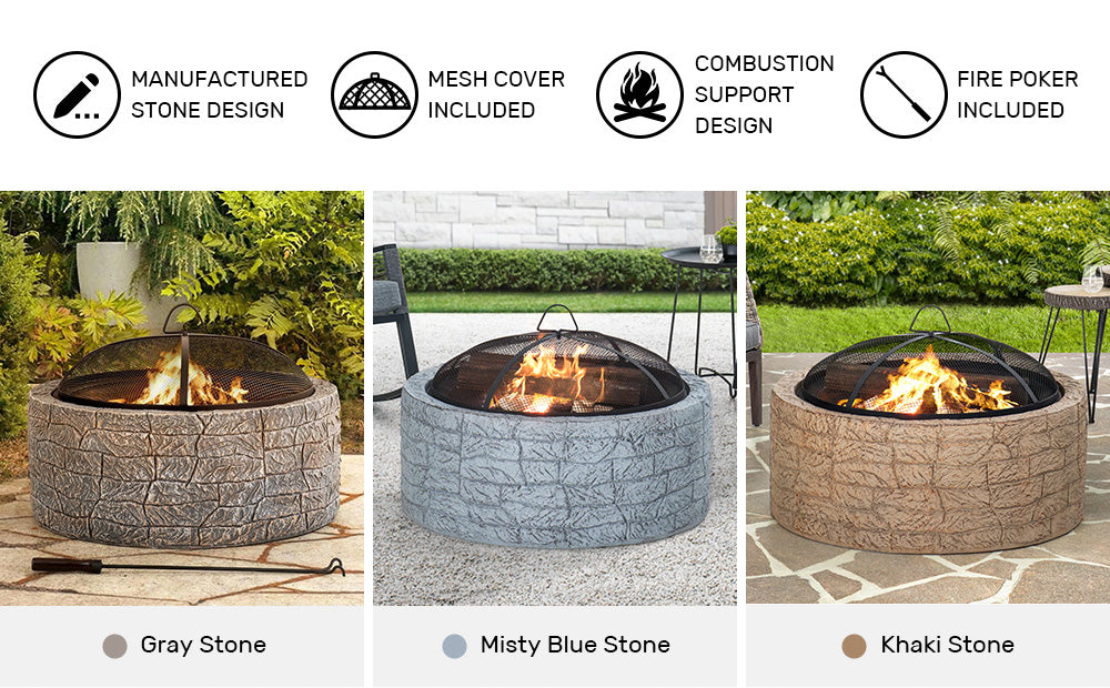 SUNJOY 26 Inch Small Outdoor Stone Firepit with Spark Screen and Poker - Misty Blue
