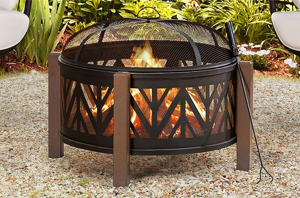SUNJOY 31 Inch Black Wood Burning Steel Fire Pit with Spark Screen