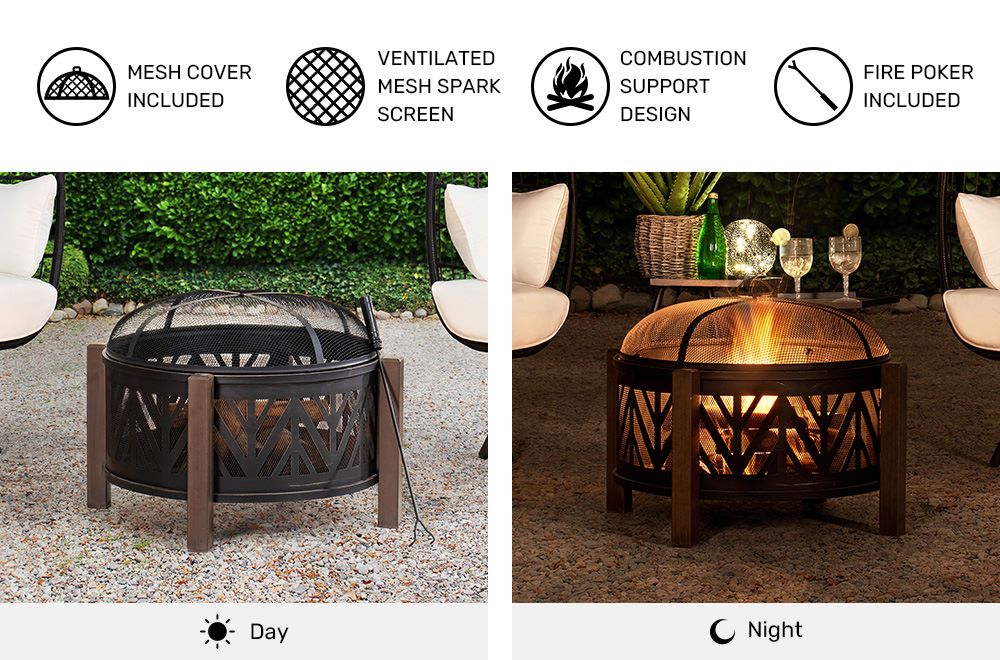 SUNJOY 31 Inch Black Wood Burning Steel Fire Pit with Spark Screen