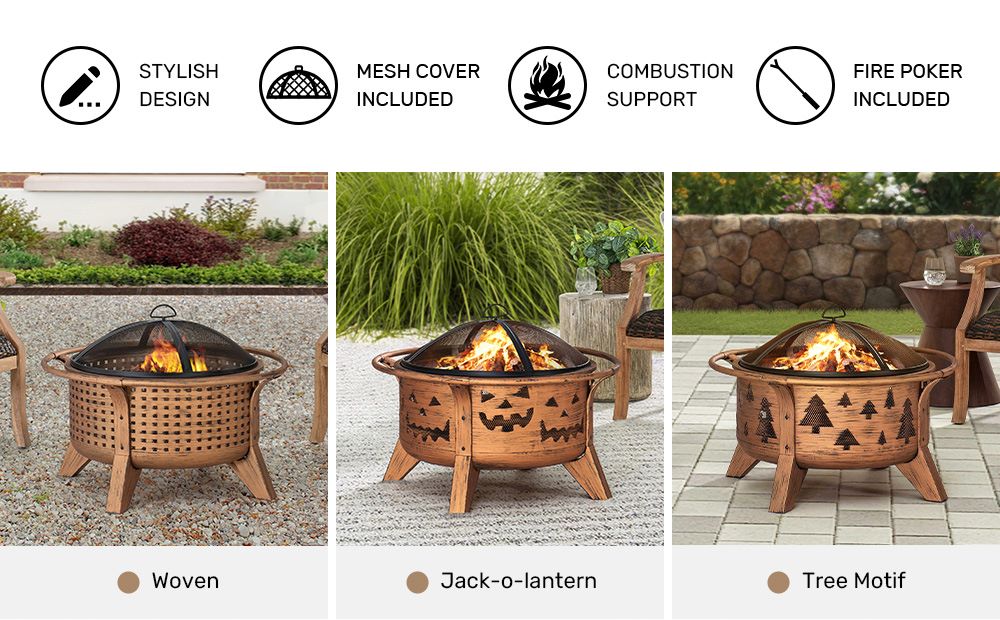 SUNJOY 30 Inch Copper Steel Holiday Fire Pit with Spark Screen & Poker