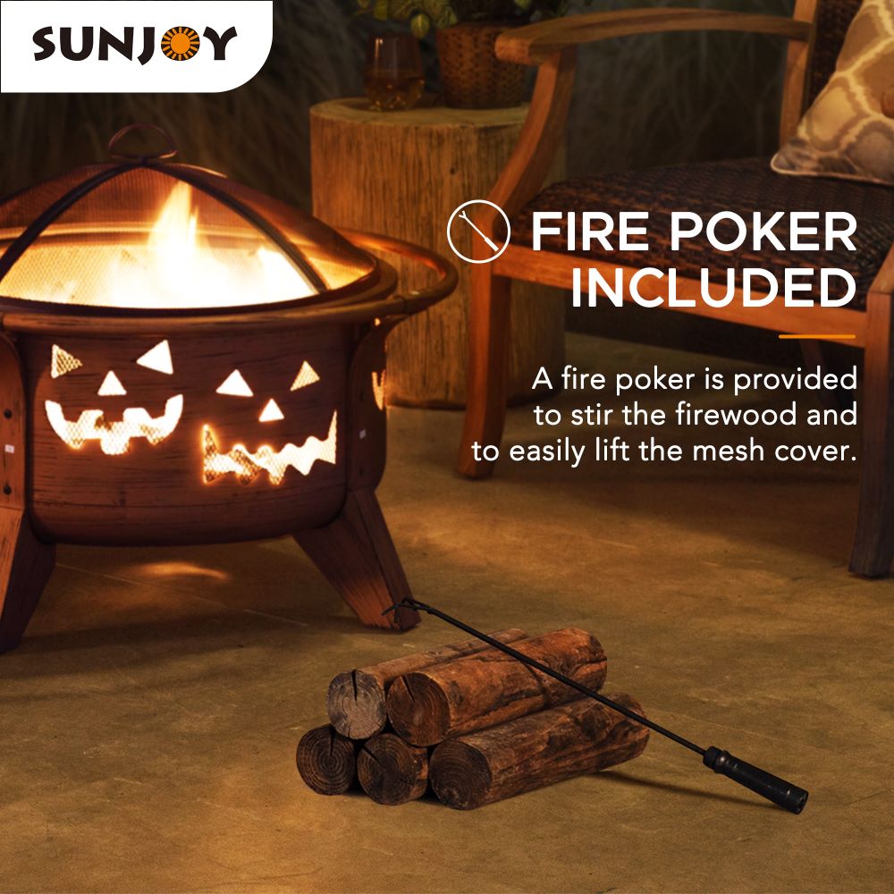 SUNJOY 30 Inch Copper Steel Holiday Fire Pit with Spark Screen & Poker - Jack O'Lantern Motif
