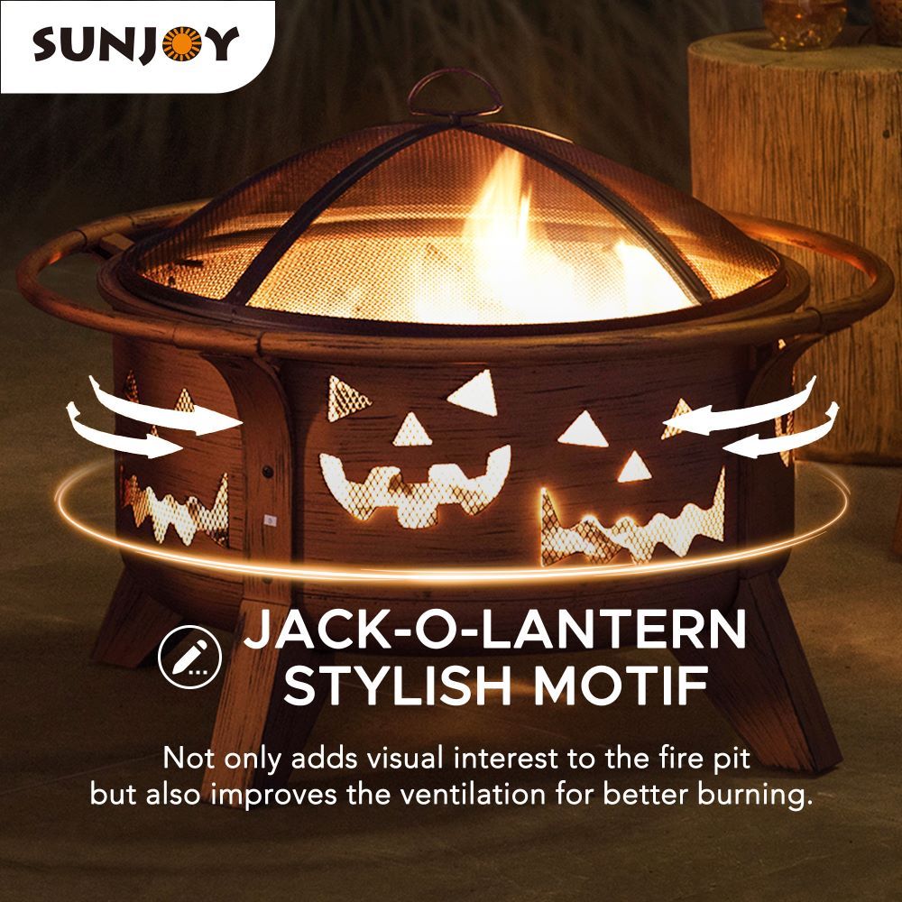 SUNJOY 30 Inch Copper Steel Holiday Fire Pit with Spark Screen & Poker - Jack O'Lantern Motif
