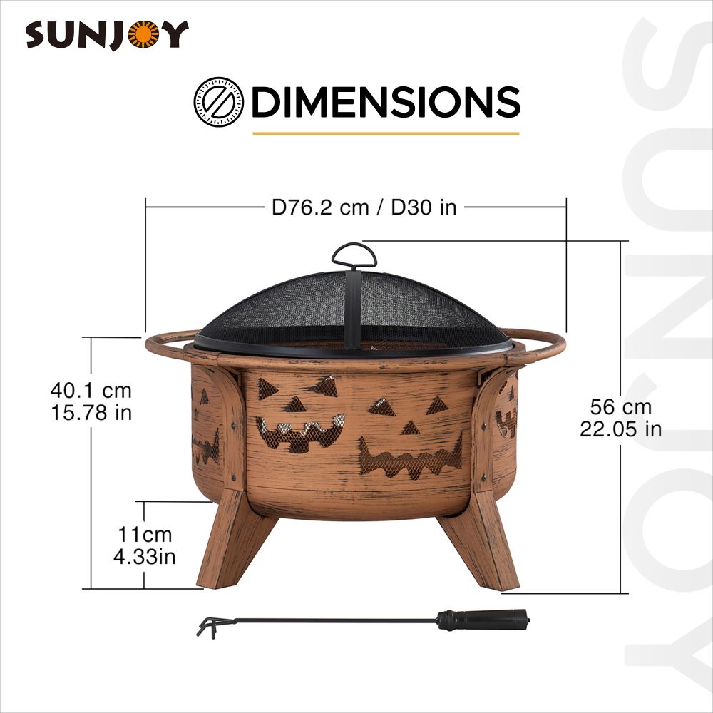 SUNJOY 30 Inch Copper Steel Holiday Fire Pit with Spark Screen & Poker - Jack O'Lantern Motif