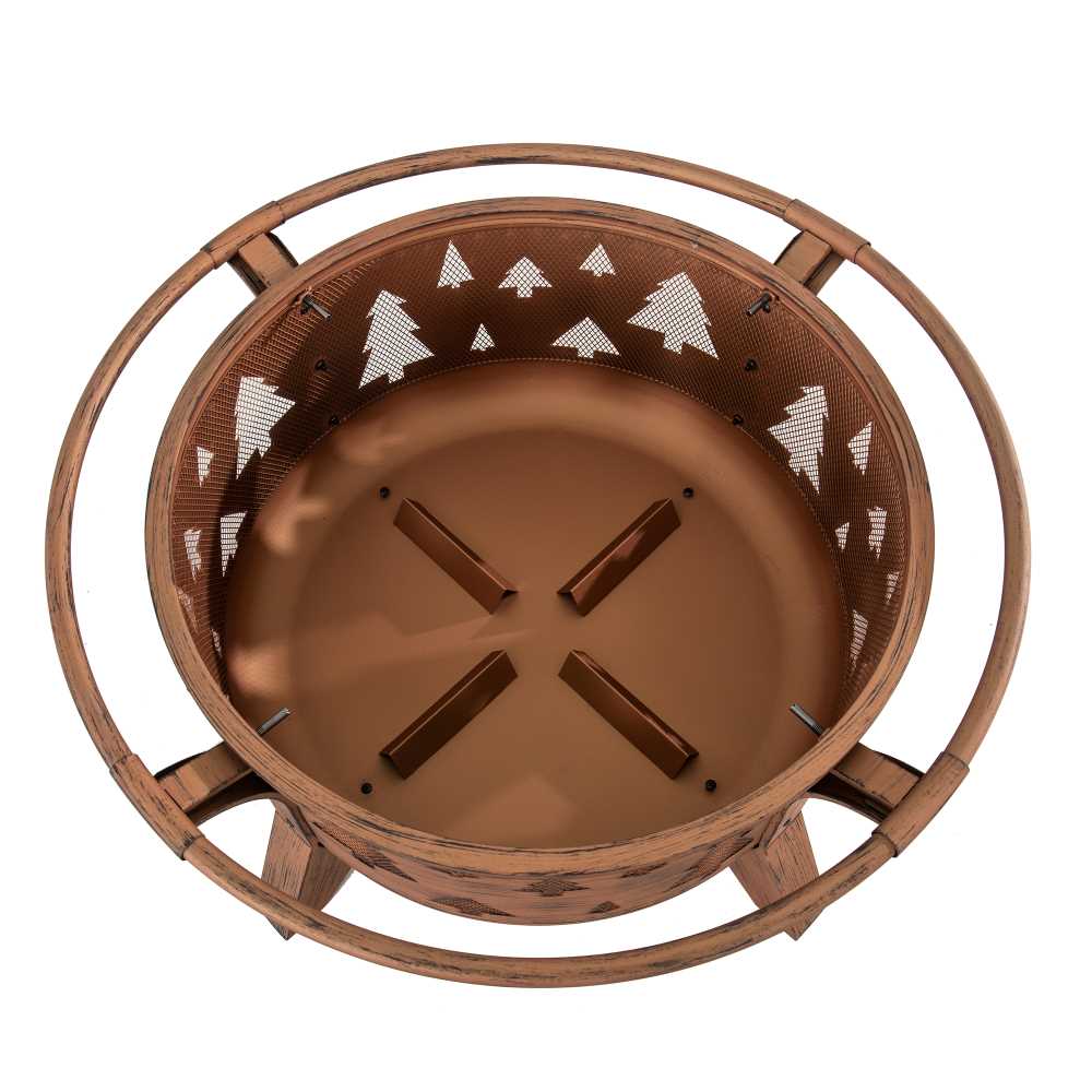 SUNJOY 30 Inch Copper Steel Holiday Fire Pit with Spark Screen & Poker - Tree Motif