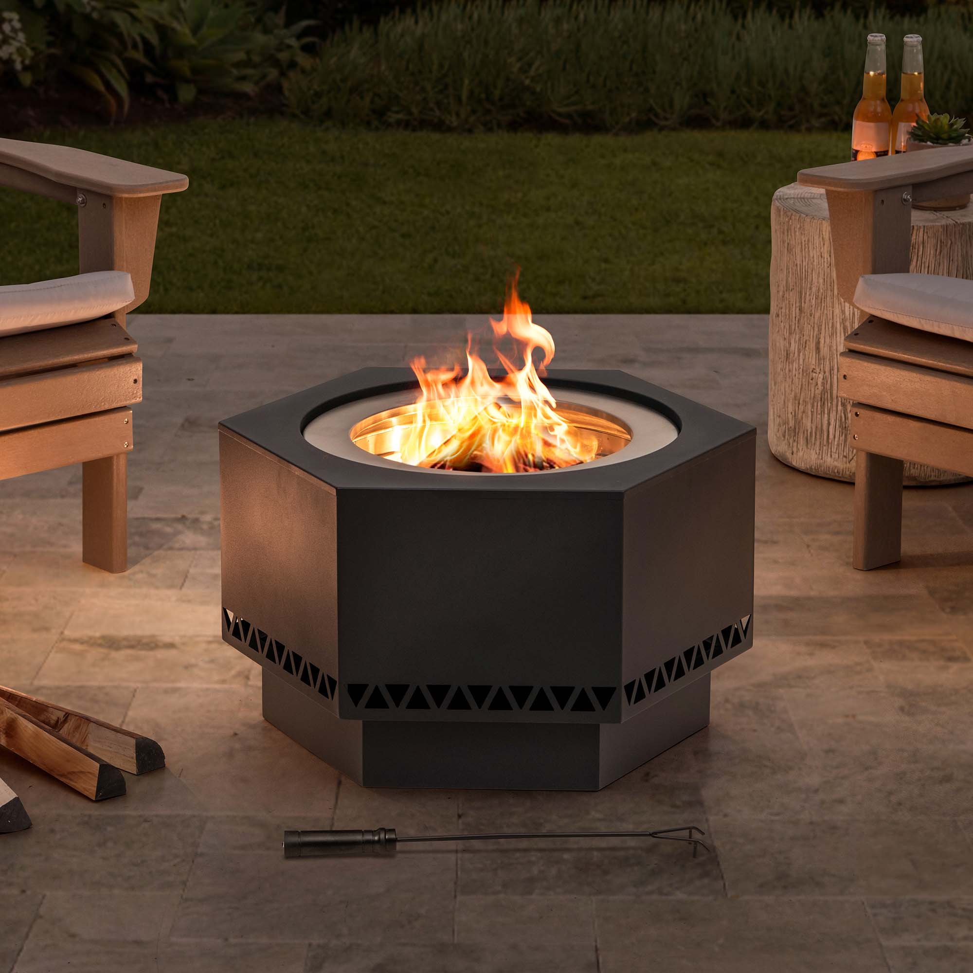 SUNJOY 26 Inch Hexagon Stainless Steel Smokeless Fire Pit with PVC Cover