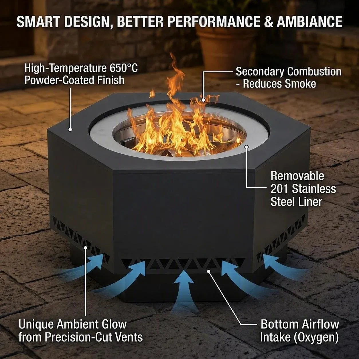 Vulcan Extra Tall Hexagon Smokeless Fire Pit 28" - Delta Pattern