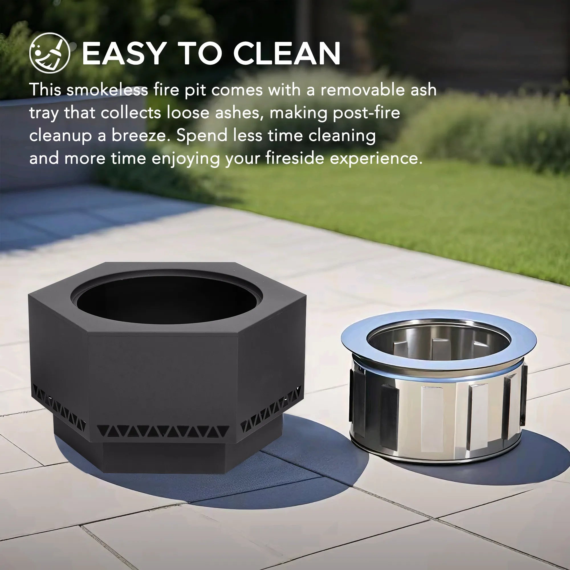 SUNJOY 28 Inch Hexagon Stainless Steel Smokeless Fire Pit with PVC Cover - Triangle Pattern & Gray